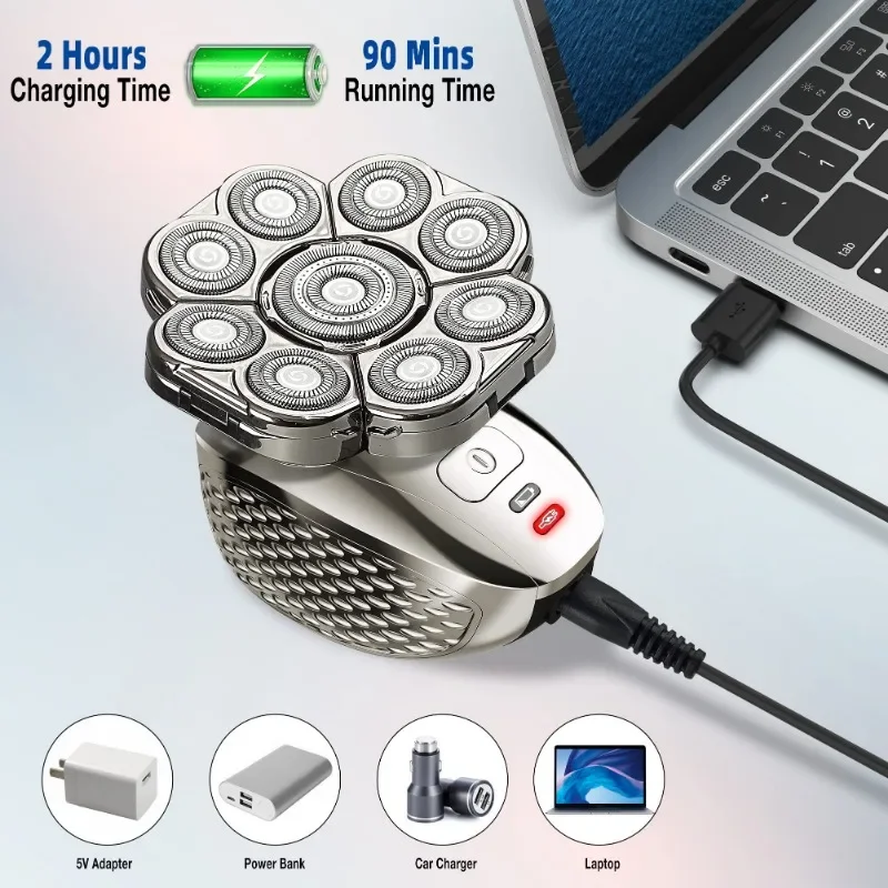 ماكينة حلاقة الرأس 4D للرجال الأصلع، 9 رؤوس عائمة مطورة 6 في 1 قابلة لإعادة الشحن ومقاومة للماء والرطب والجاف ماكينة حلاقة الرأس الأصلع للرجال