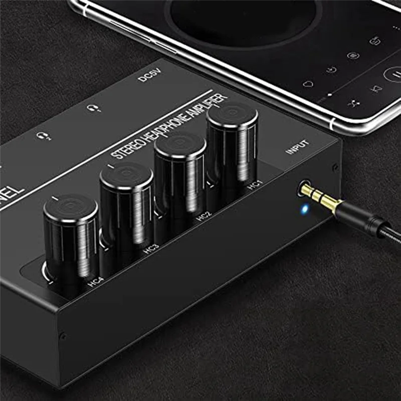 SCLS Amplificador de auriculares de 4 canales Amplificador de audio estéreo, divisor de auriculares con 4 salidas de auriculares de 3,5 mm y entrada de audio de 3,5 mm