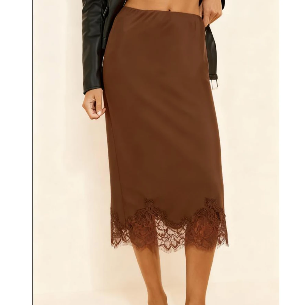 

Women Boho Sexy Satin Lace Trim Patchwork Midi Skirts y2k Coquette Solid Color Low Waist Zipper Party Club Skirts Streetwear