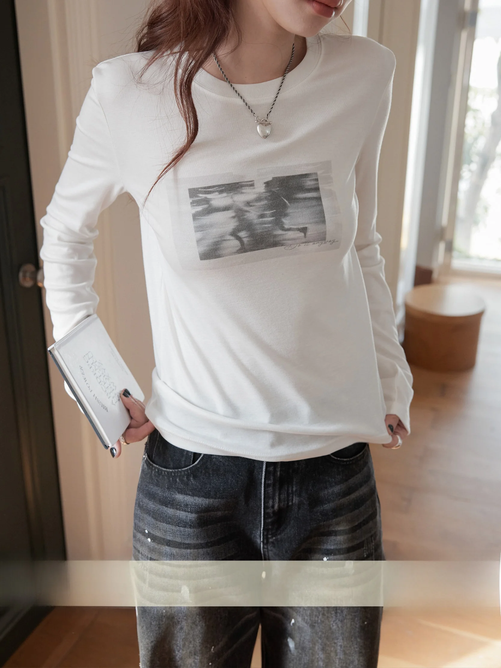 

Женская облегающая футболка VNOOK из шелковой шерсти с длинным рукавом, с принтом, для повседневной носки, с круглым вырезом, с узором