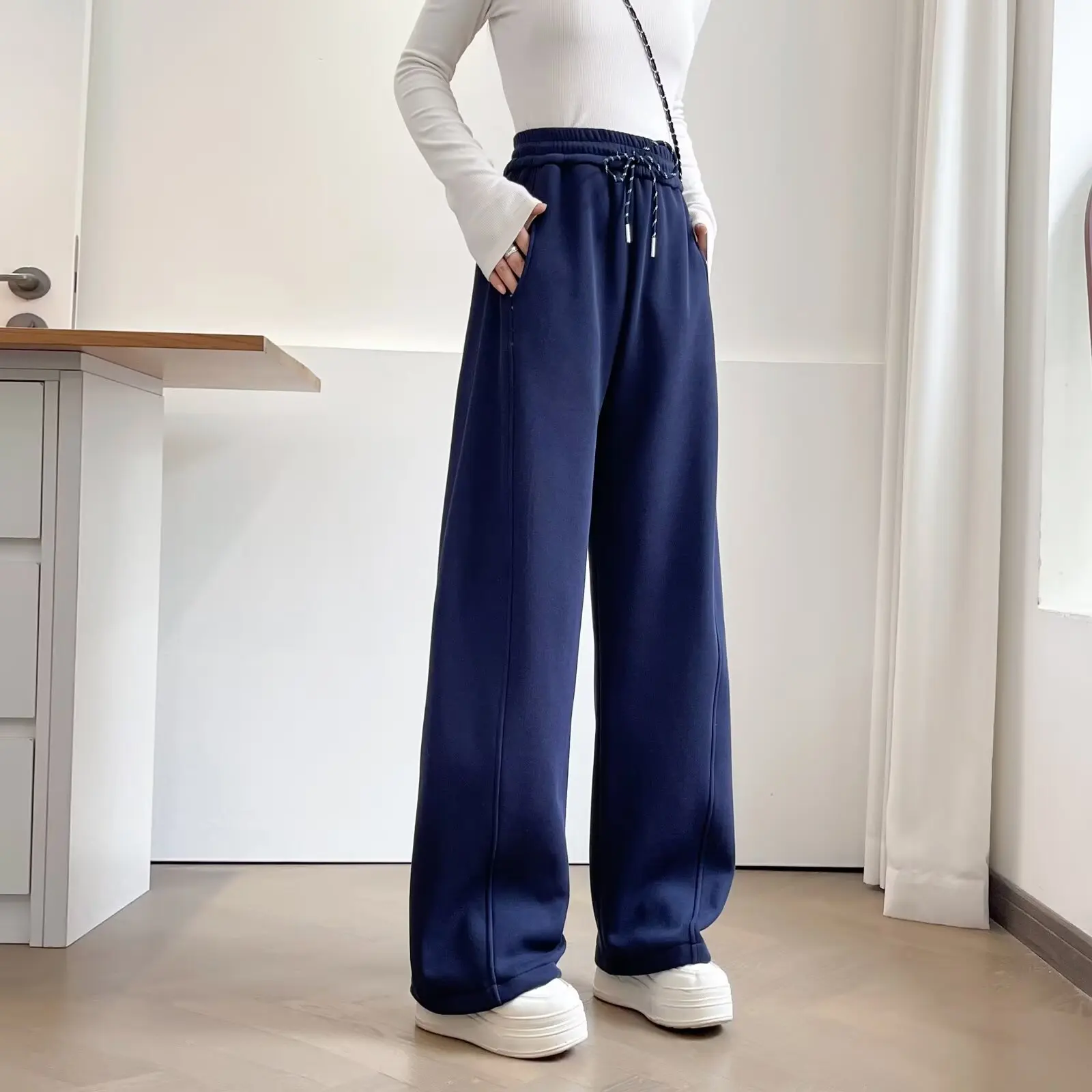

XXXXL Fashion Plus Size Women's Wide Leg Pants Winter Style Simple Casual Fleece And Thickened Banana Straight Trousers 2566
