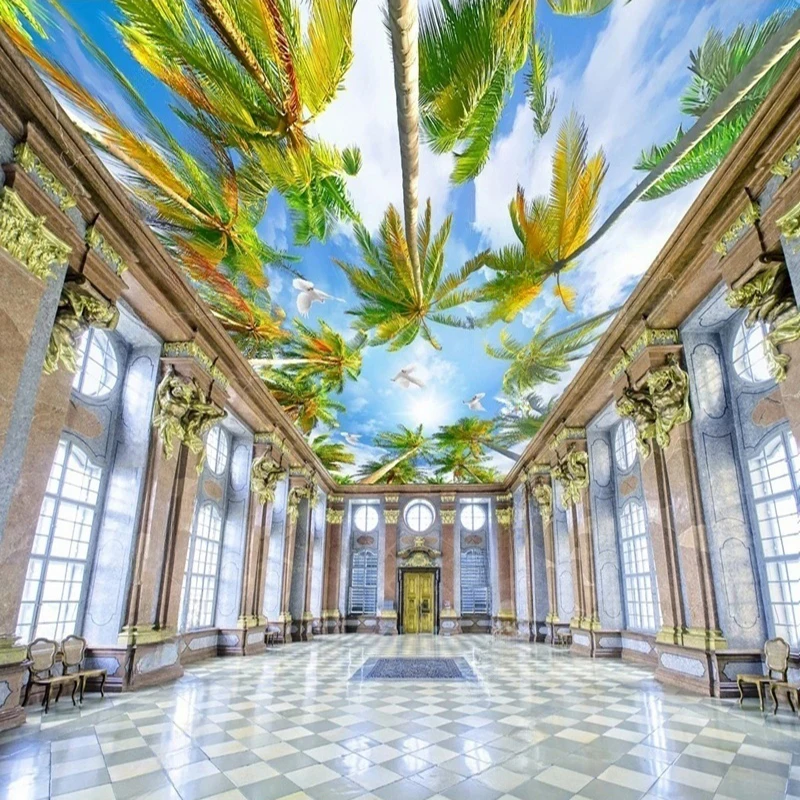 

Custom Tropical Ceiling Mural Blue Sky Clouds Palm Trees Wallpaper Decor Background for Home Living Room Bedroom Wall Art