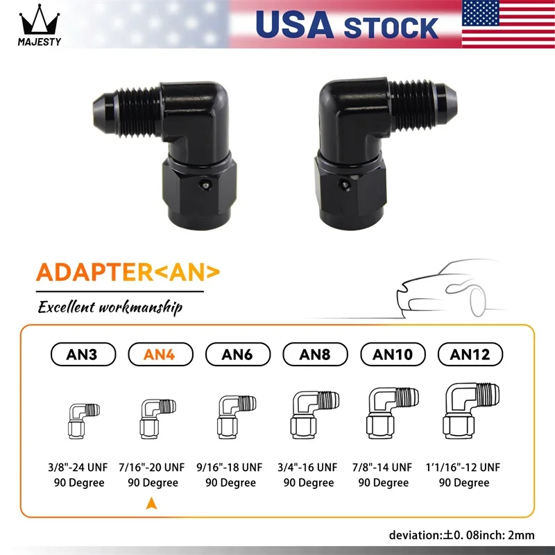 2PCS AN3/AN4 Female to 3AN/4AN Male 90 Degree Flare Swivel Hose Fitting Adapter Black