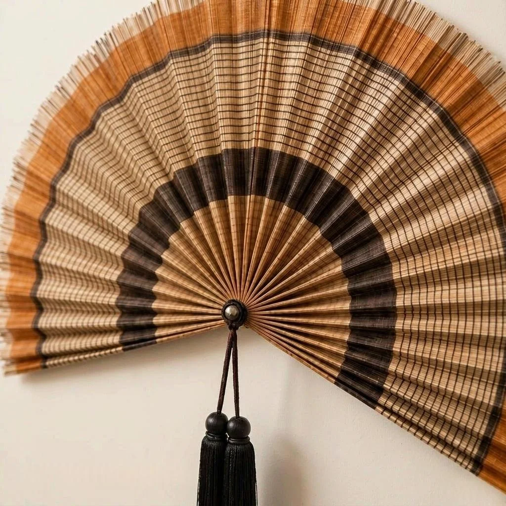 Vintage Handwoven Bamboo Wall Fan with Tassel Striped Decorative Art Natural Fan for Entryway Bedroom Apartment Wall Decor