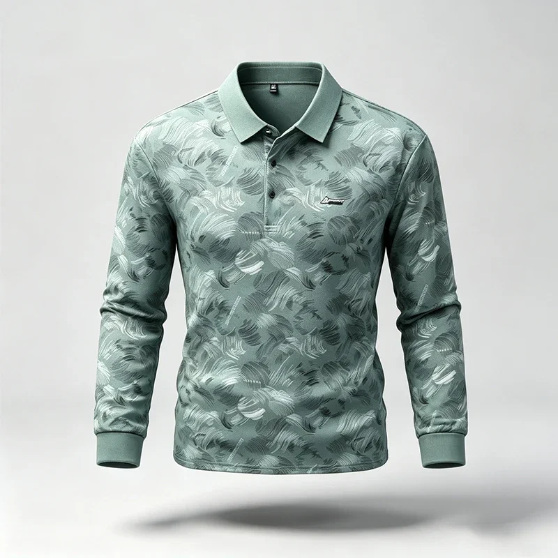 Male Casual Long Sleeve Polo Top Stretch Comfortable Fabric Button Detail All Over Print All Match Spring Autumn Apparel