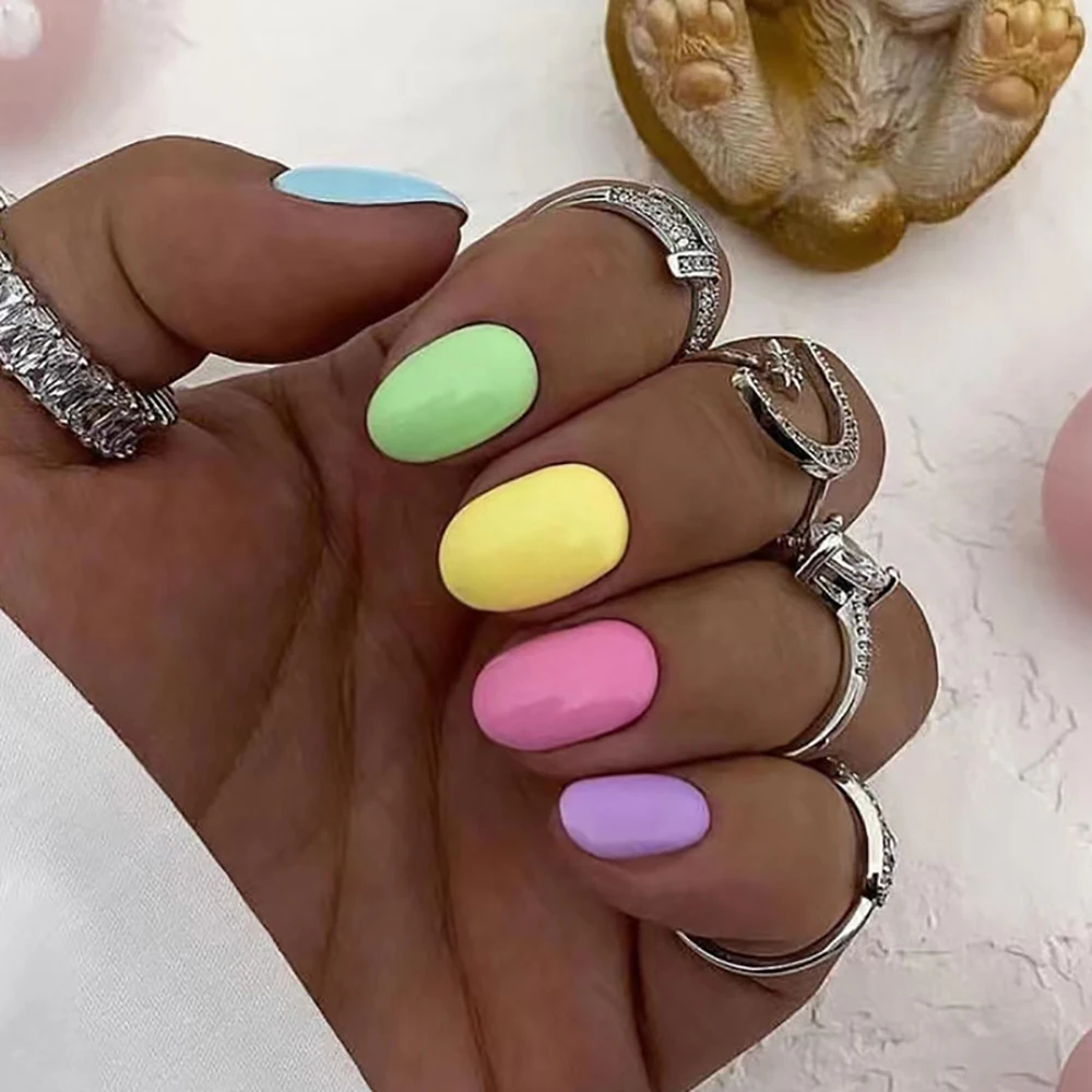 

3D short fake nails for summer season cute bright yellow pink purple green colors oval tips faux ongles press on false nail set