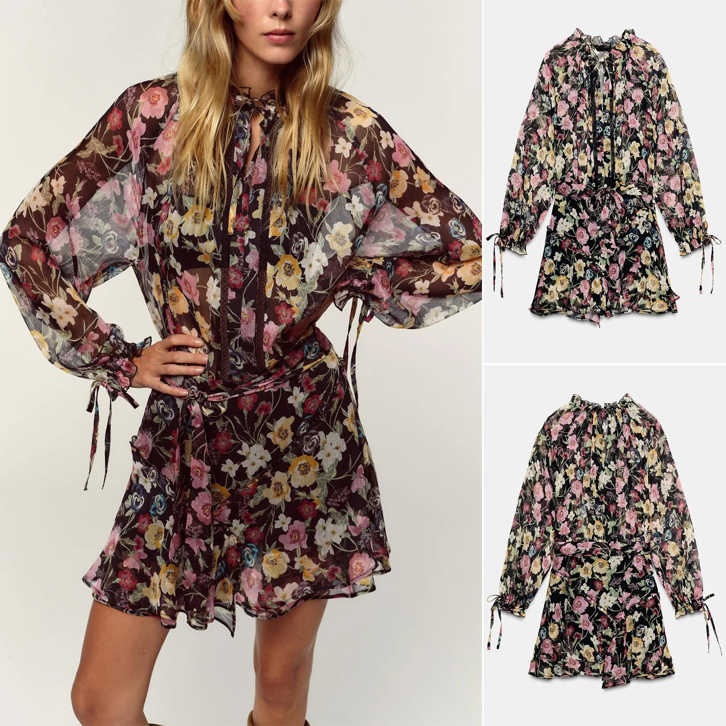 Inverno novo feminino v-ne longo sve floral impressão dr em camadas decoração ort comprimento a linha silhueta commute sle