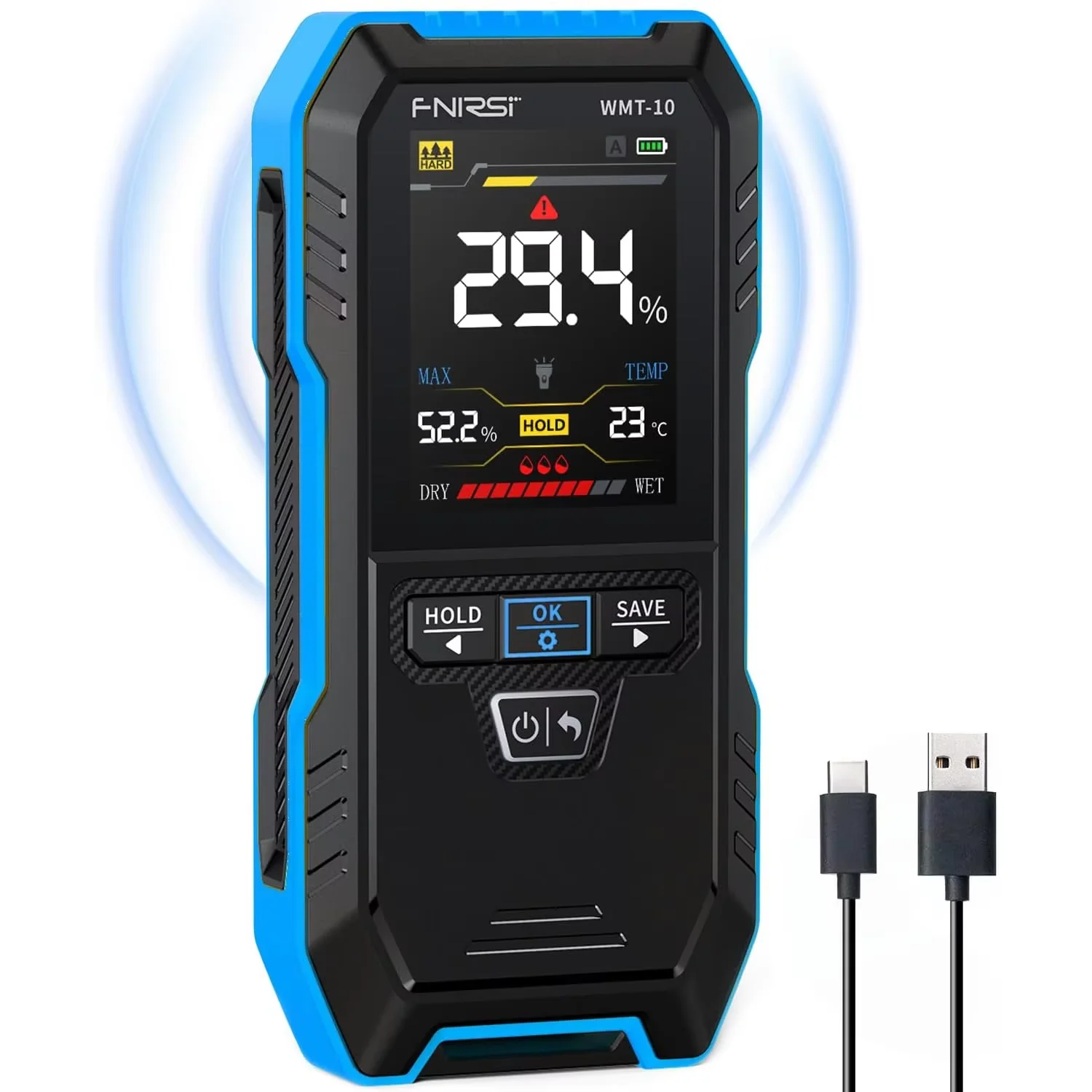 WMT-10 Rechargeable Pinless Wood Moisture Meter with Flashlight for Wood, Firewood, Wall Non-contact Timber Damp Detector