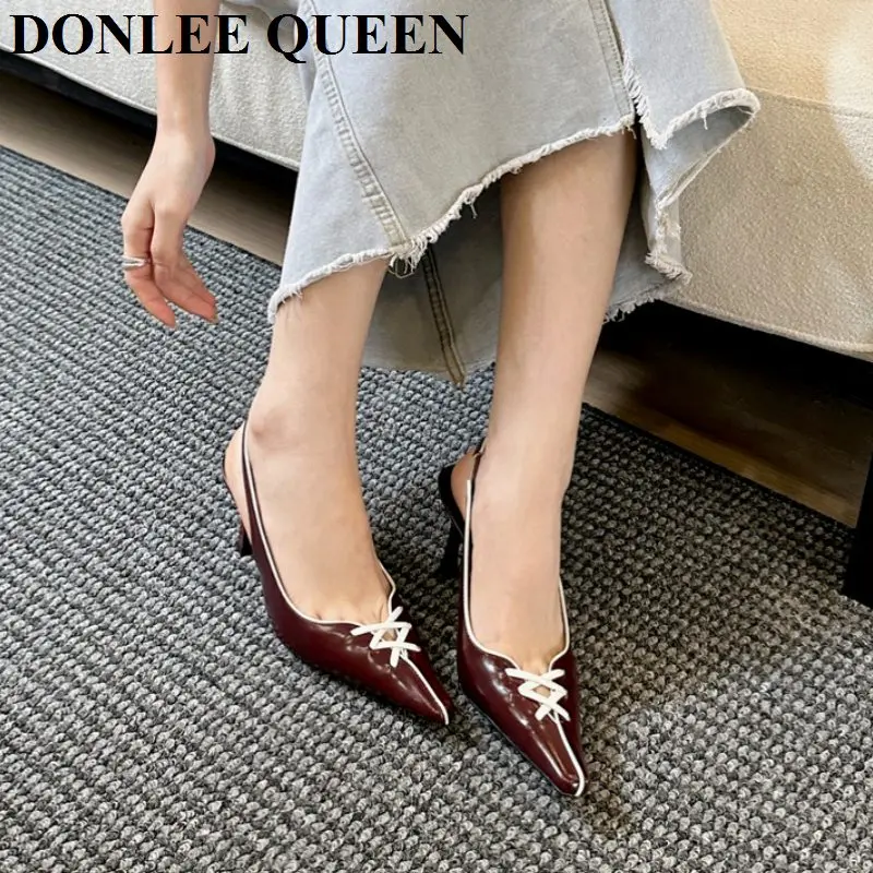 Women Shoes Slingback Sandals Brand Spring Footwear Elegant Pointed Toe High Heel Pumps Dress Shoe Mule Brand Narrow Band Sandal