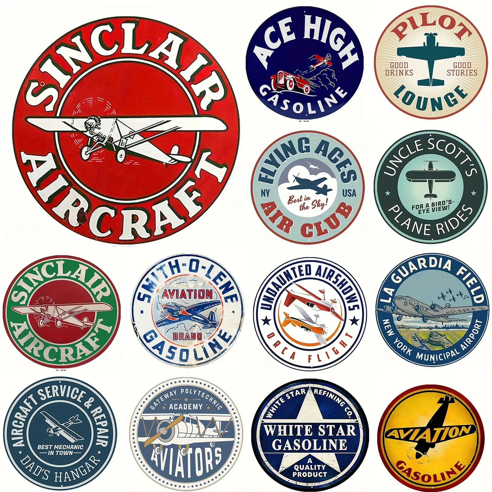 Aircraft Gas Oil Round Retro Metal Tin Signs Nostalgic Iron Painting Novelty For Cafe Bar Garage Bar Kitchen Garden Wall Decor