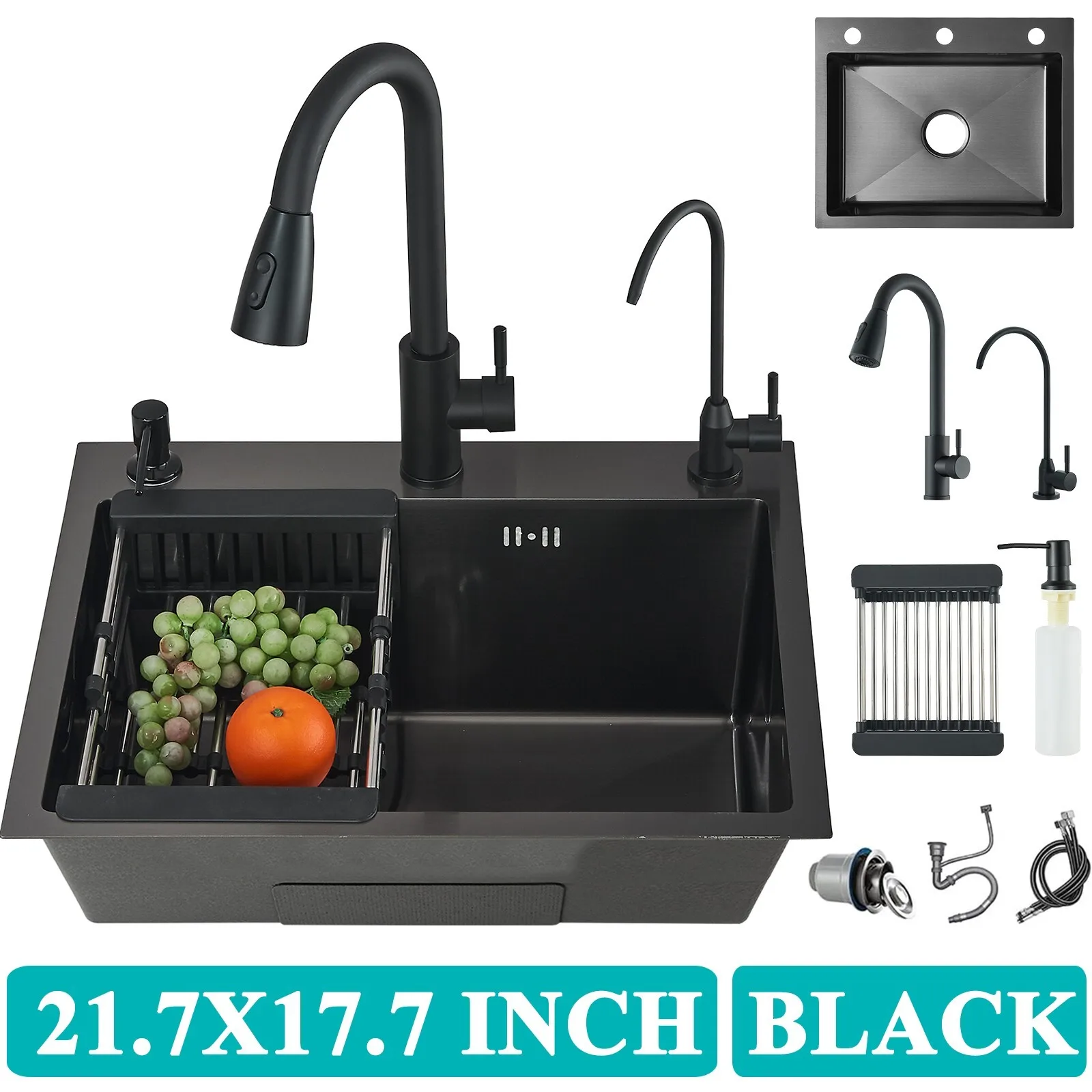 

21.7 in Black Kitchen Sink Stainless Steel Single Bowl Sink with Pulldown Faucet