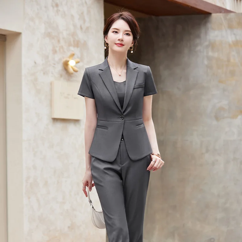 Gray Suit Set for Women Summer Hotel Customer Service Front Desk One Button Fashion Professional Business Formal Workwear