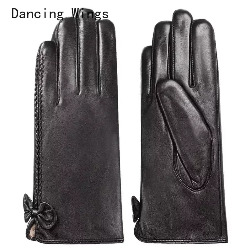 

Fashion Genuine Sheepskin Leather Gloves Windproof Thermal Touch Screen Glove Winter Warm Velvet Lining Bow Mittens