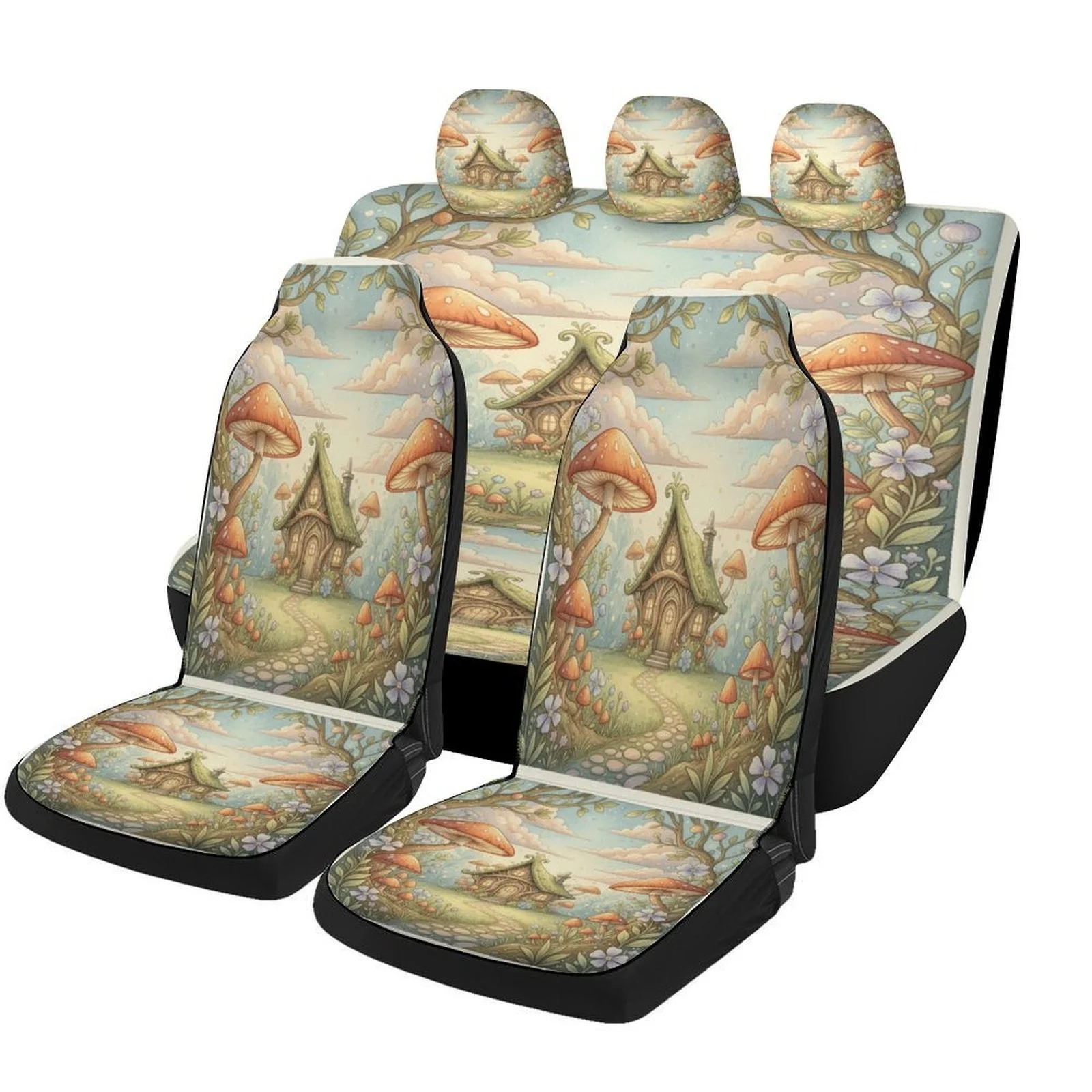 Enchanted Mushroom Grove Themed Car Seat Cover Set - Vibrant Fantasy Design With Mushrooms, Flowers, Trees & Clouds, Durable Pol