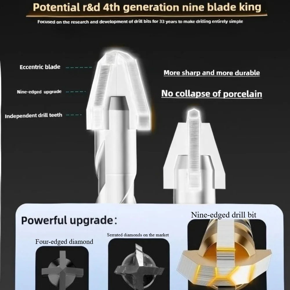 

T9 Сверло для керамической плитки с девятью лезвиями для сверления Эксцентриковая ручная дрель для высокого твердого бетона, стекло, цемент, мрамор