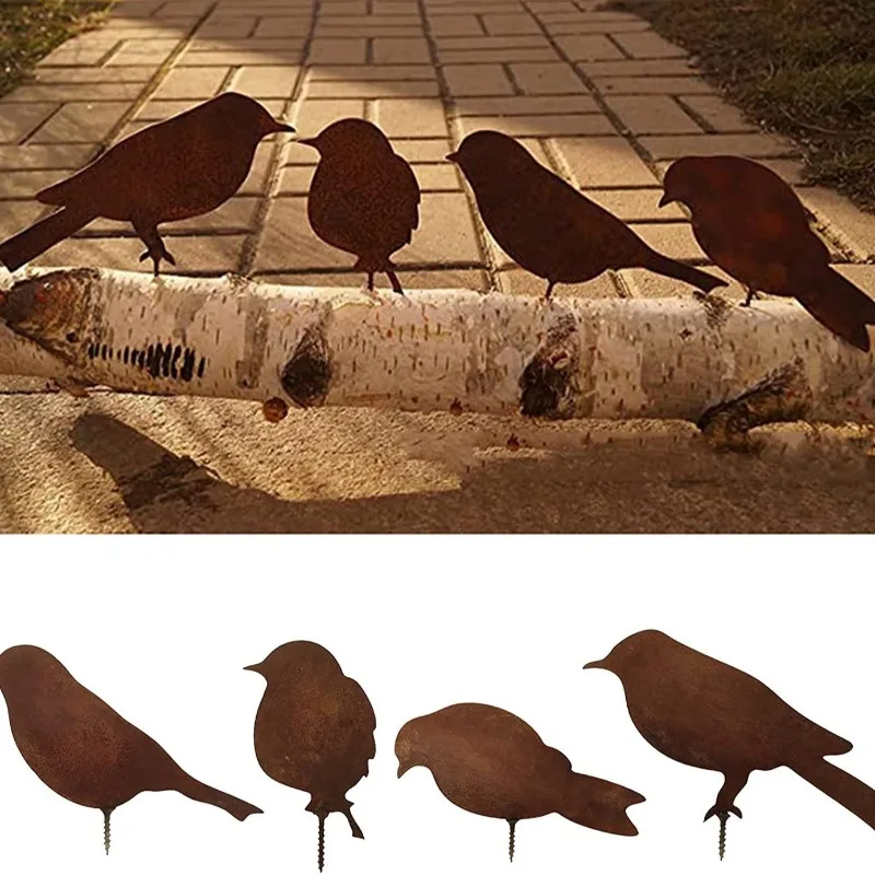 4Pc Rusty Metal Bird Crafts Outdoor Horticultural Animal Art Metal Silhouettes Retro Decor Courtyard Garden Decor Bird Wholesale