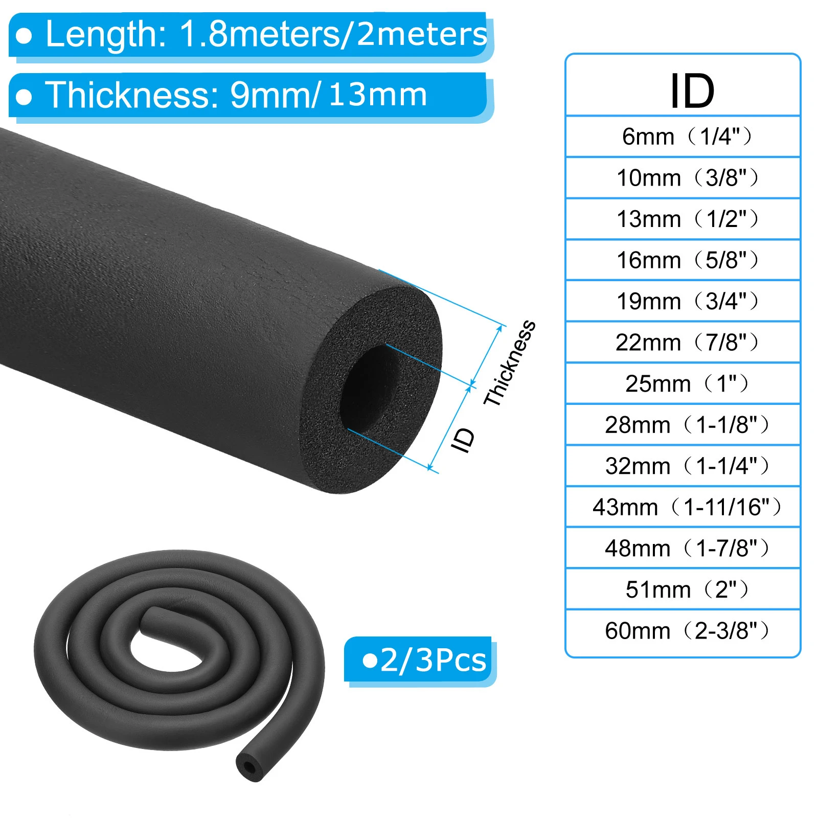 Uxcell 1/2/3 pièces 1.8m/2m tuyau d'isolation mousse Tube tuyau couverture enveloppe rouleau barre rembourrage Tube pour poignée poignée HVAC climatiseur