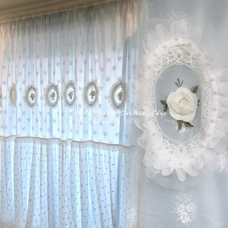 Korean Pink Blue Background Curtain White Three-dimensional Embroidered Dreamy Princess Lace Wedding Room Customization