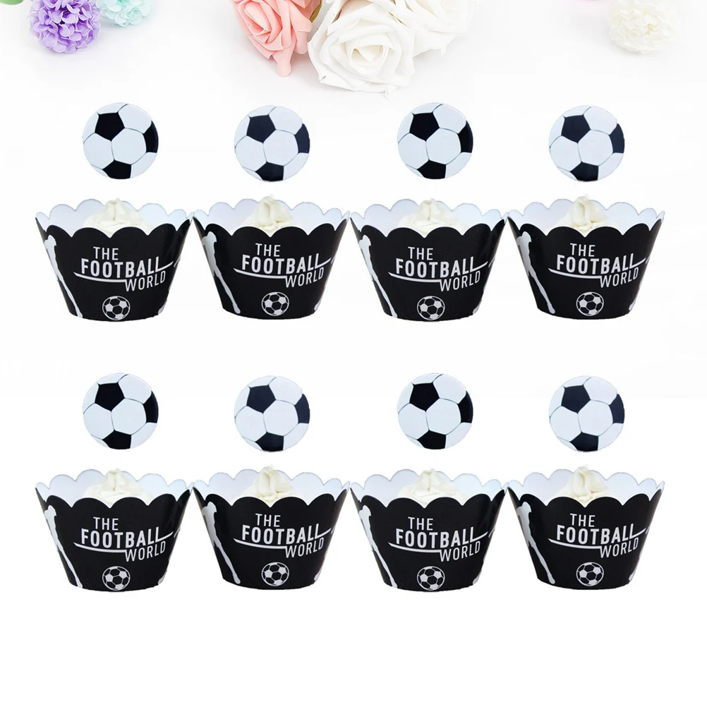 

48pcs Football Party Cake Toppers Soccer Style Decorations for Birthday Banquet Child Cupcake Wrapper Cake Decoration