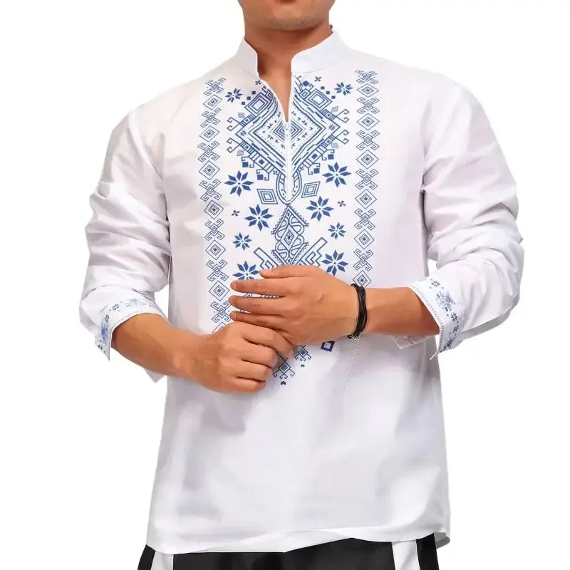 DAZCOS Herren Dashiki Print Henley Shirt Slim Fit Weißes Langarm-T-Shirt mit halbem Reißverschluss für lässige Strandparty Hippie-Blumendruck
