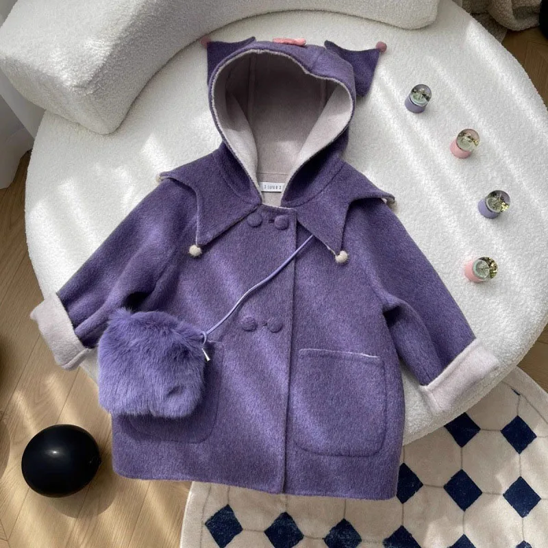 Autumn Winter Baby Girls Hooded Cartoon Purple Double-Sided Woolen Coat Children's Winter Outwear Cute