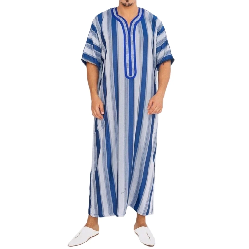 Bata de manga corta a rayas para hombre, vestido musulmán de Oriente Medio, caftán árabe saudita, ropa tradicional musulmana