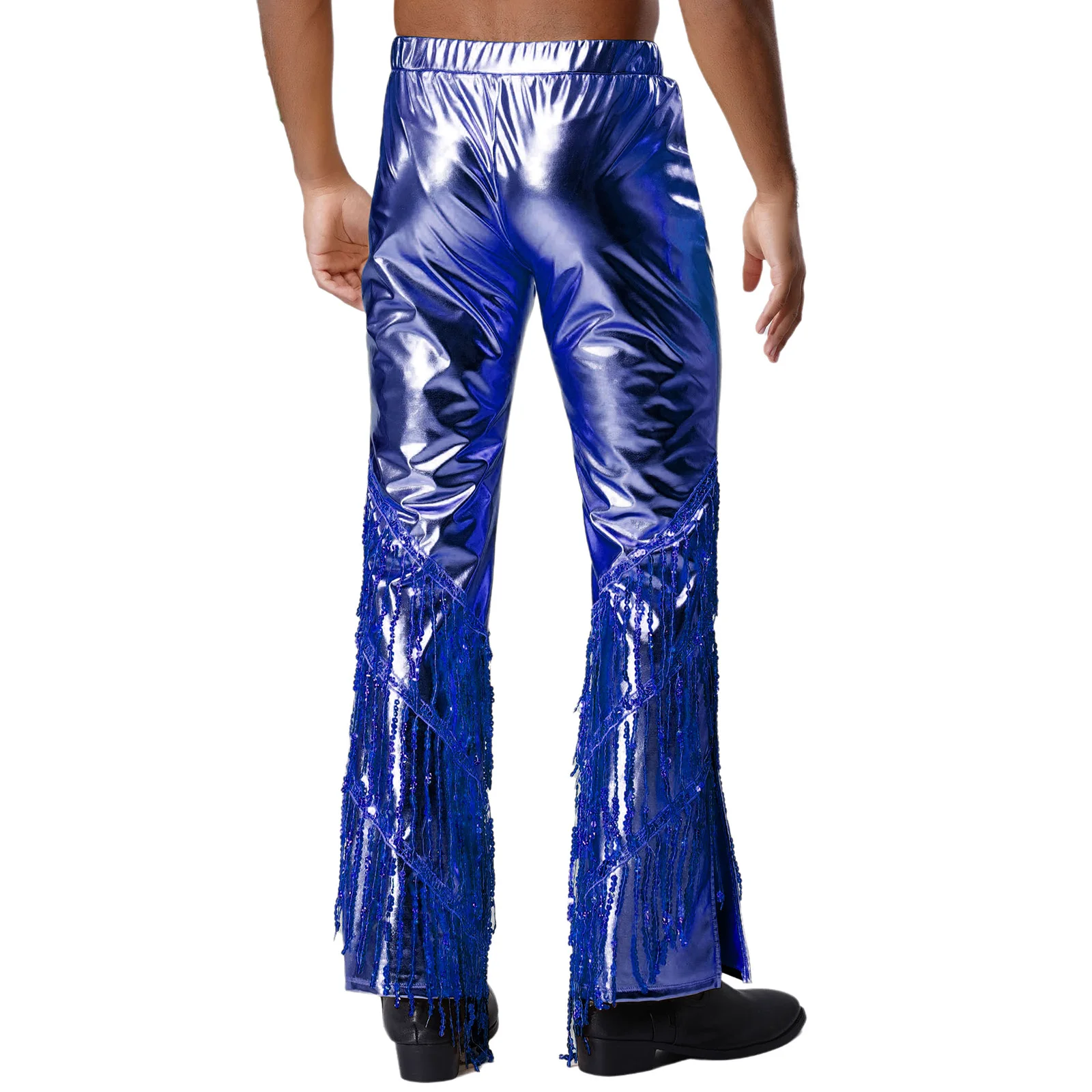 Mens 70s Disco Metallic Shiny Long Pants Slit Bell Bottom Tiered Sequined Tassel Dance Trousers for Raves Jazz Music Festival