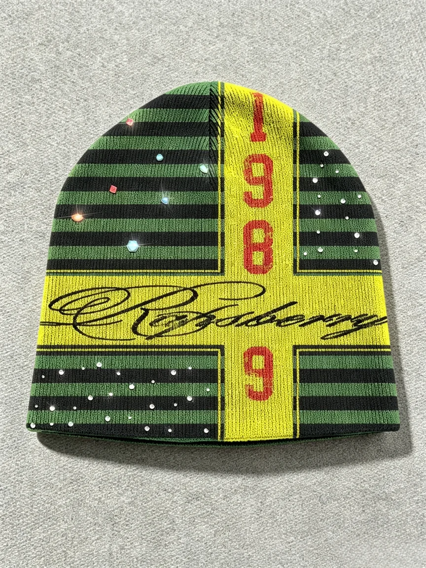 Y2K Striped Knit Beanie Rhinestone Letter 1989 Print Skull Cap Vintage Hip Hop Streetwear Warm Winter Knitted Hat For Men Women