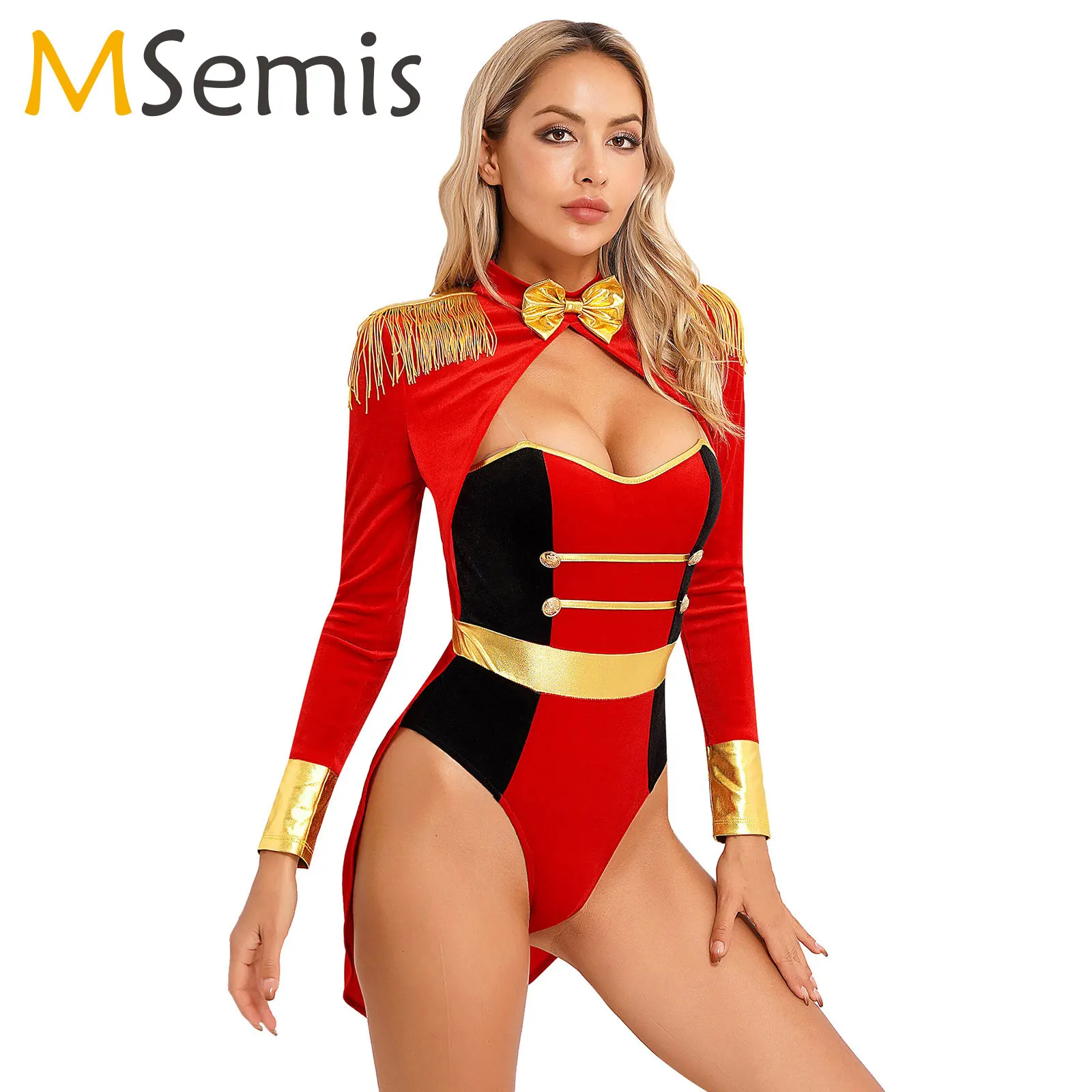 Collant de veludo para mulheres, traje de circo, bodysuit Ringmaster, traje para balé, ginástica, jazz, festa temática de Halloween, borla sexy