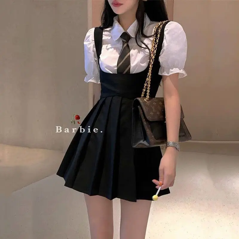 2023 korea japan style female summer fashion style jk uniform halter pleated skirt bubble short sleeve shirt two piece sets g823