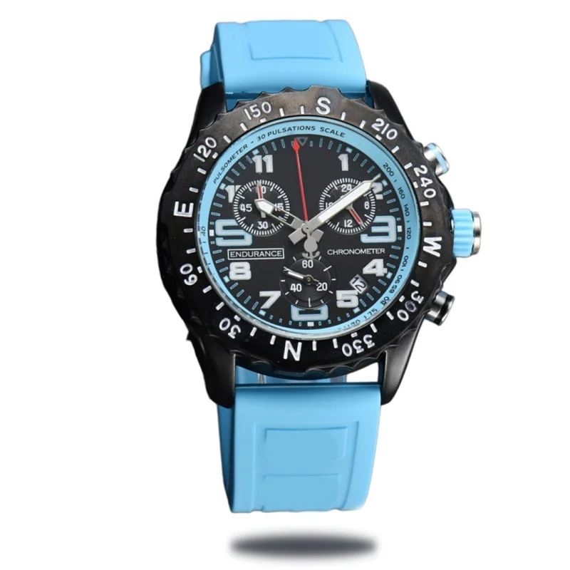 Montre de sport à quartz pour hommes, boîtier en alliage noir, 3 sous-cadrans, chronographe, calendrier, lunette à échelle directionnelle, bracelet en caoutchouc de silicone souple, montres décontractées pour hommes