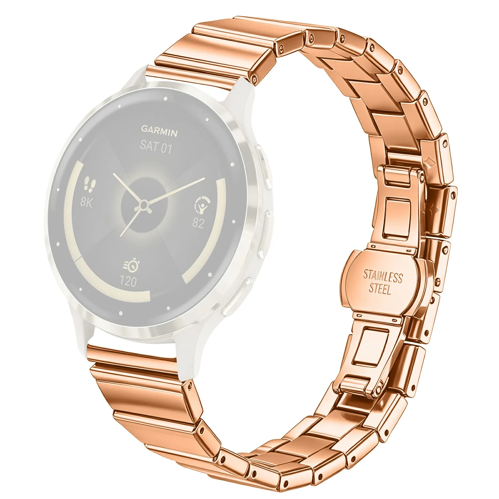 For Garmin Forerunner 265S Strap 18mm One-bead Stainless Steel Replacement Metal Watch Band with Butterfly Buckle - Rose Gold