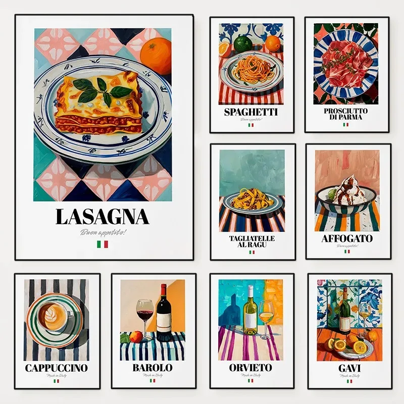 Modern Style Italian Cuisine Desserts and Beverages Canvas Paintings Cooking Wall Art Bar Kitchen Restaurant Home Decoration