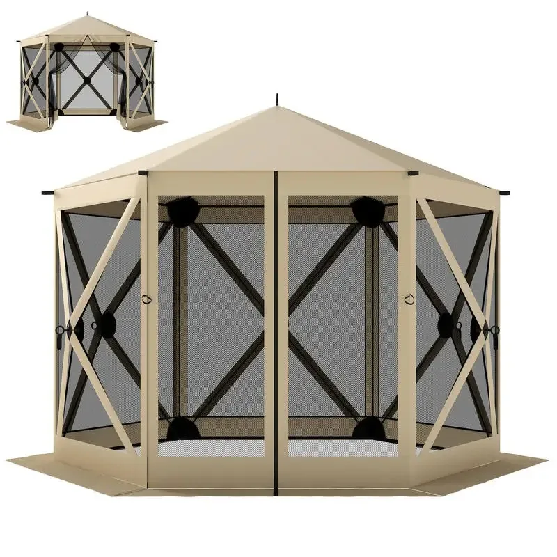 

10 x 11 ft Pop Up Gazebo Screen Tent, Portable Instant Camping Canopy Screen House with Nettings, Carry Bag, Beige