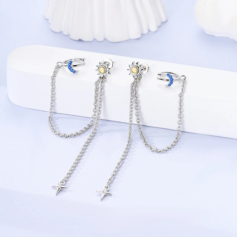 

925 Sterling Silver Earrings Sparking Sun Moon Ear Clip Tassel Stud Earring For Anniversary Wedding Jewelry Gifts