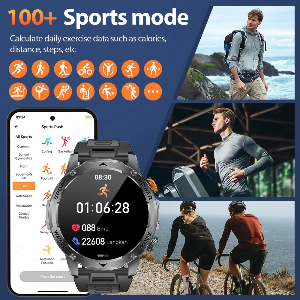 LIGE 2025 Smart Watch Men 1000mAh Large Capacity Battery Outdoor Flashlight Bluetooth Call Waterproof Sports Fitness Smartwatch