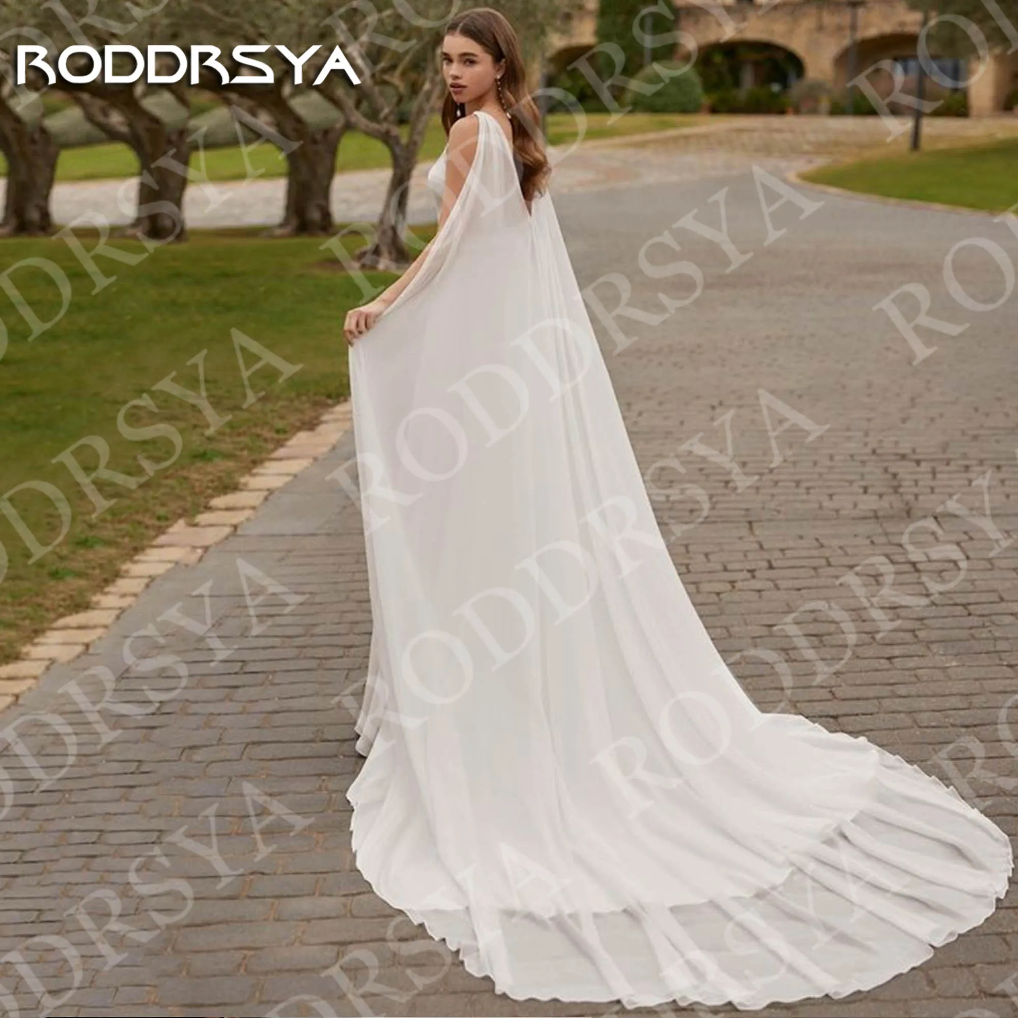 RODDRSYA Gaun Pengantin A Line Boho untuk Wanita Gaun Pengantin Punggung Terbuka Sifon Tanpa Lengan Leher V Seksi Gaun Pengantin Kustom