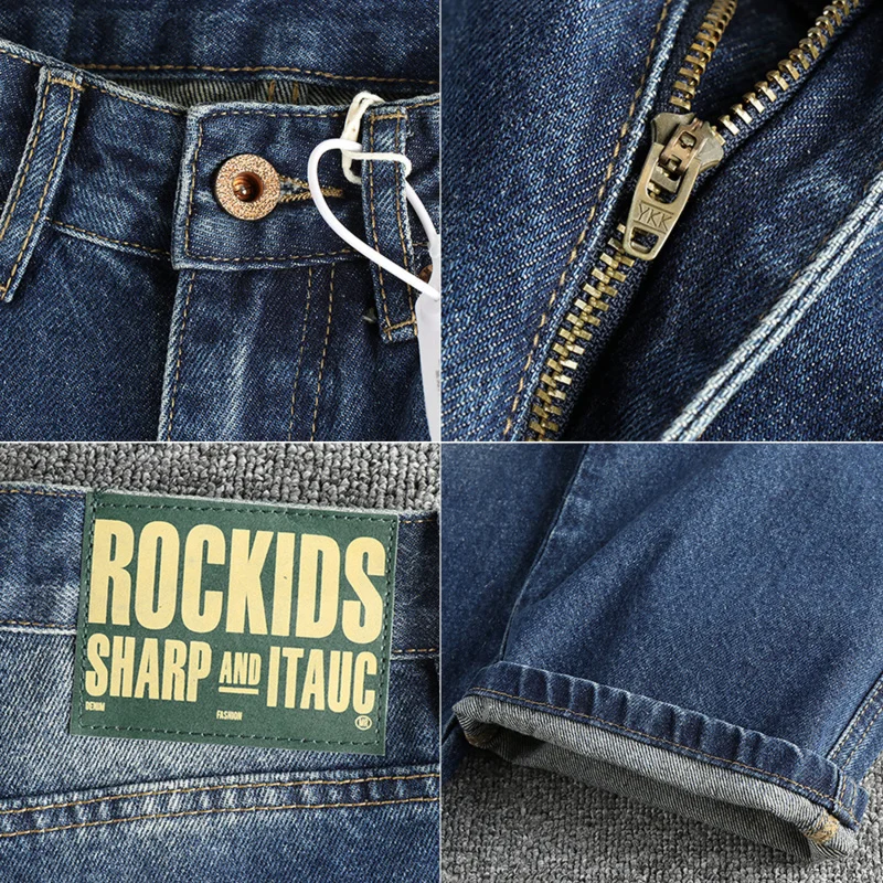 กางเกงยีนส์วินเทจสีน้ำเงินฟอกทรงหลวมขาตรงผ้าหนาสไตล์สตรีทเทรนดี้สำหรับผู้ชาย