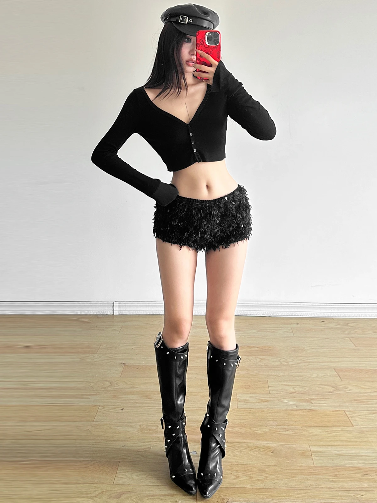 Y2k estilo menina quente fuzzy lantejoulas decoração cintura alta calças quentes para mulheres na moda streetwear fino ajuste casual versátil shorts curtos