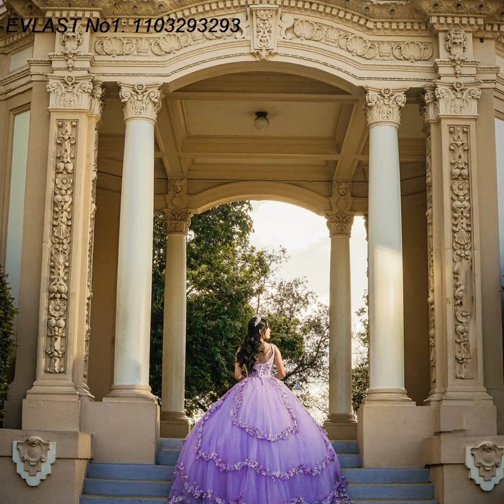 EVLAST Maßgeschneidertes glänzendes lila Ballkleid-Quinceanera-Kleid mit Blumenapplikationen und Perlenstickerei, abgestuft, Sweet 16, Vestidos de 15 Anos E1QN13