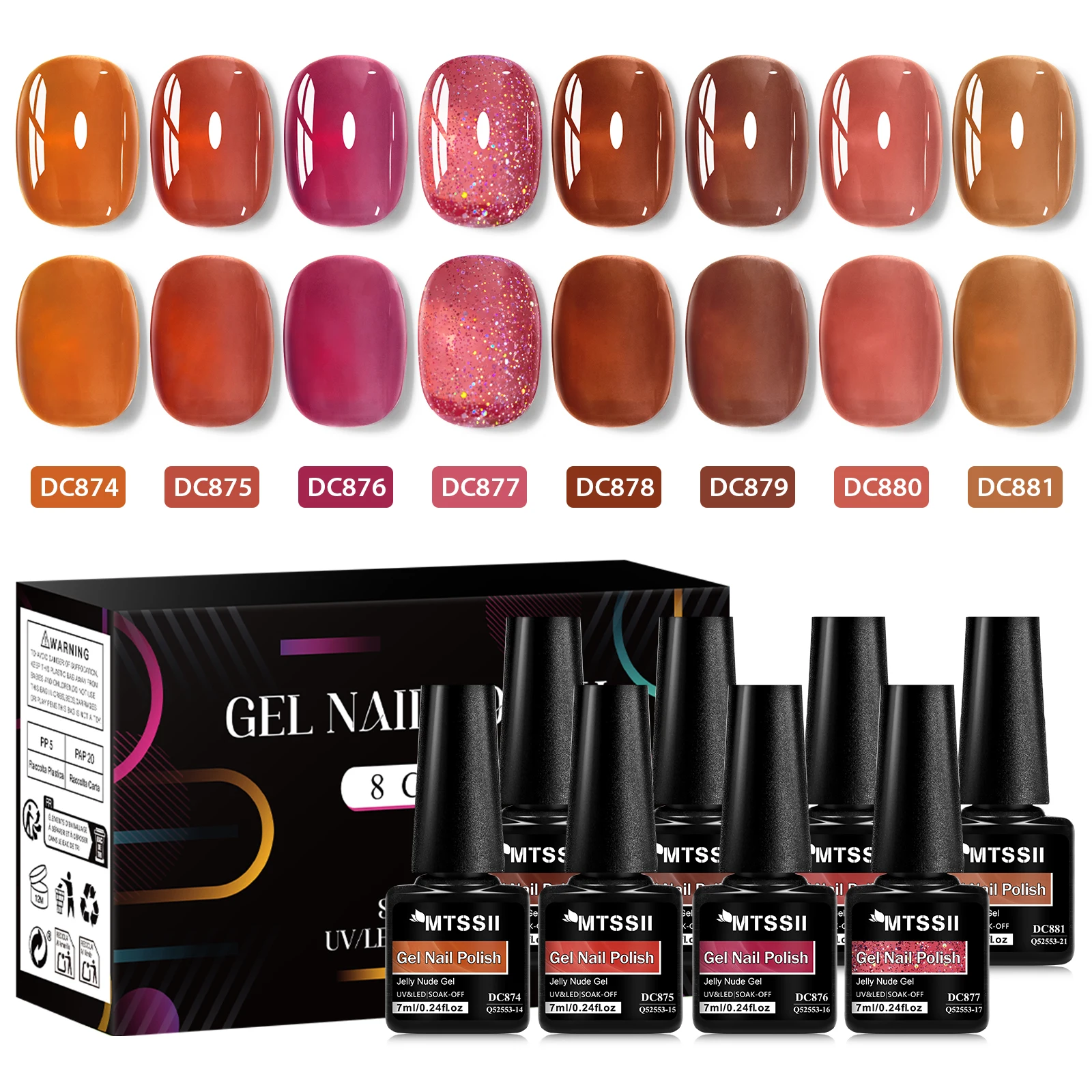 Zestaw 8 szt. Nude Jelly Gel Lakierów do Paznokci z Pudełkiem, Półprzezroczyste Kolory, Półtrwały Soak Off UV LED Żelowy Lakier do Paznokci, Akcesoria do Manicure