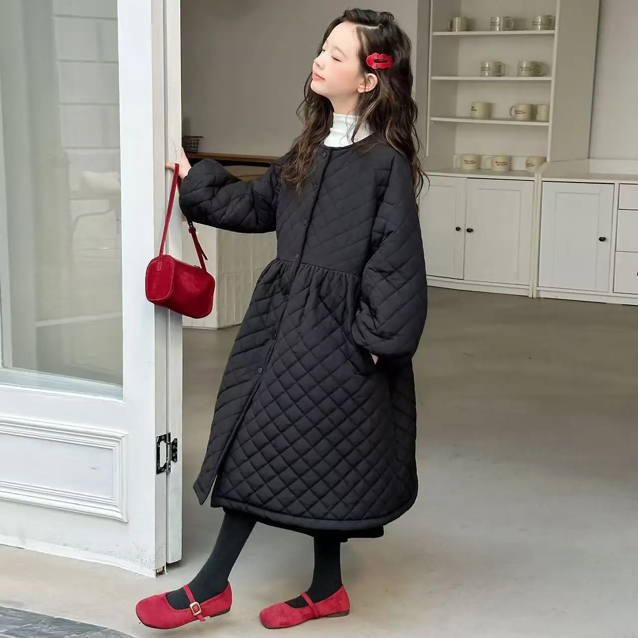 

Girls' Winter Coat Knee-Length Quilted Cotton Jacket Diamond Pattern Arrival Stylish Mid-to-Large Sizes Quilted Dress Coat