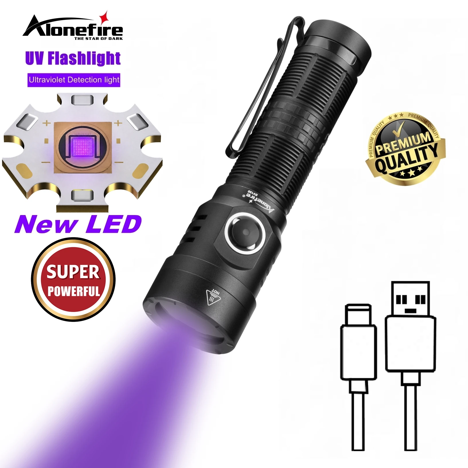 Alonefire New Led 20W 365nm UV Blacklight High Power Flashlight Rechargeable Pet Urine Tinea Ore Money Jade Scorpion Lamp Torch