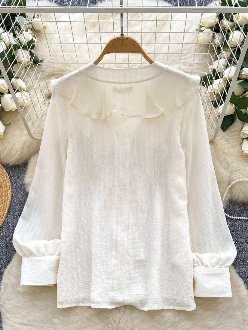 Foamlina Spring Autumn Women's White Shirt French Elegant Ruffles V Neck Long Sleeve Single Breasted Loose Shirt Vintage Blouse