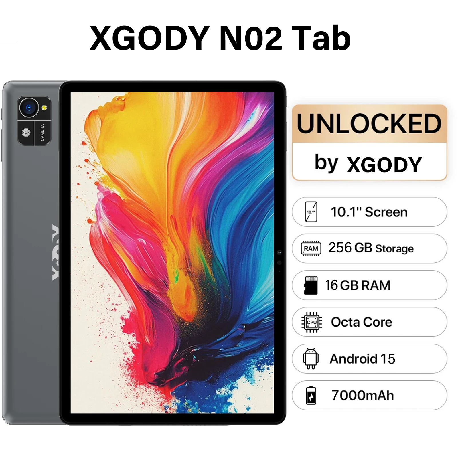 XGODY N02 Pro 10.1 Inch Tablet Android 15 800x1200 Cortex 8 Core CPU Max 16GB RAM 256GB ROM 5G WiFi Type C 7000mAh Widevine L1