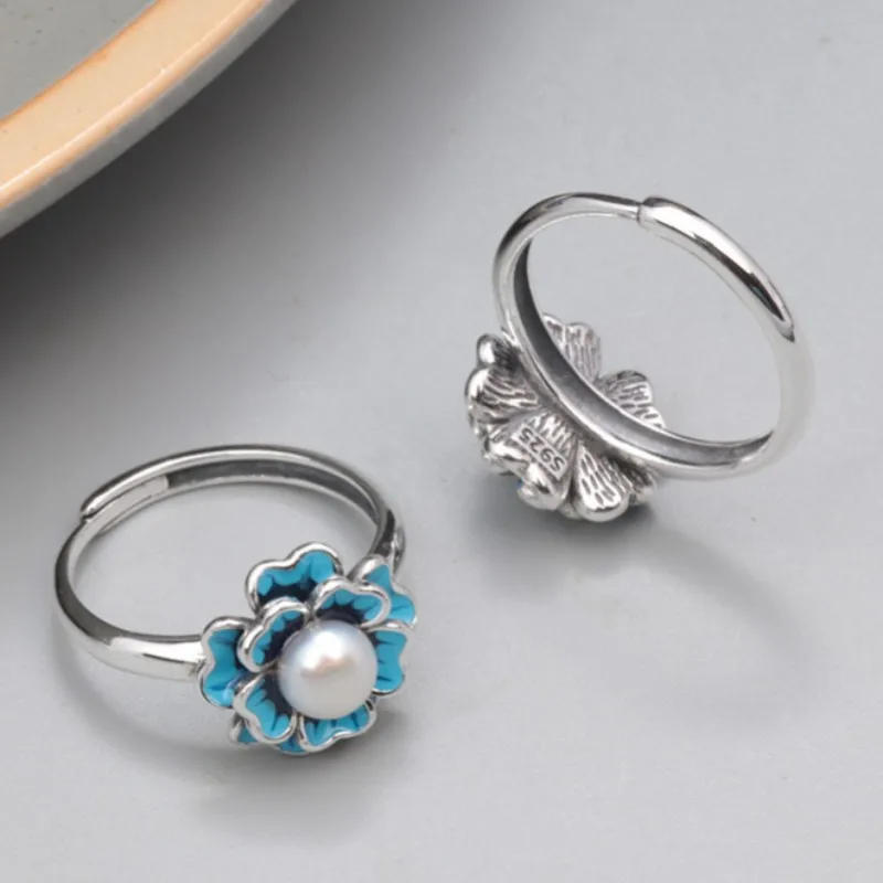 S925 Sterling Silver Rings for Women Retro Enamel Little Flower Inlaid Freshwater Pearl Adjustable New Fashion Jewelry Wholesale