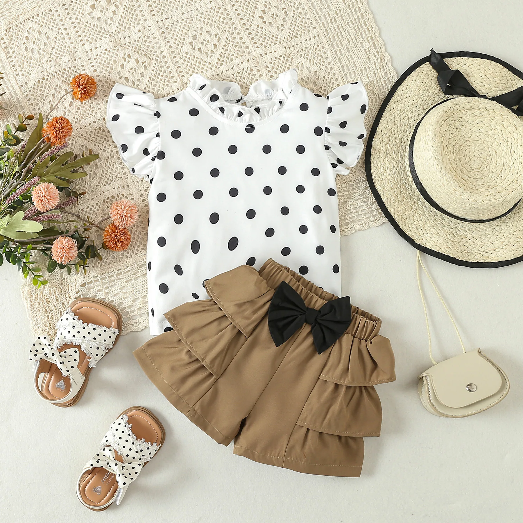 2Piece Sets Summer Luxury Girls Clothing Korean Fashion Dot Sleeveless Baby Tops+Cute Bow Shorts Kids Boutique Clothes BC2187