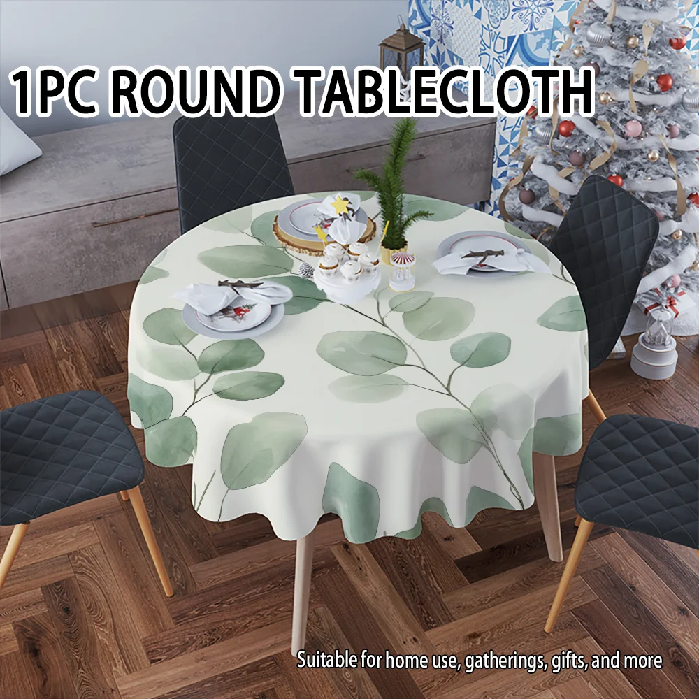 With light green watercolor leaf patterns, printed design, round tablecloth, washable tablecloth