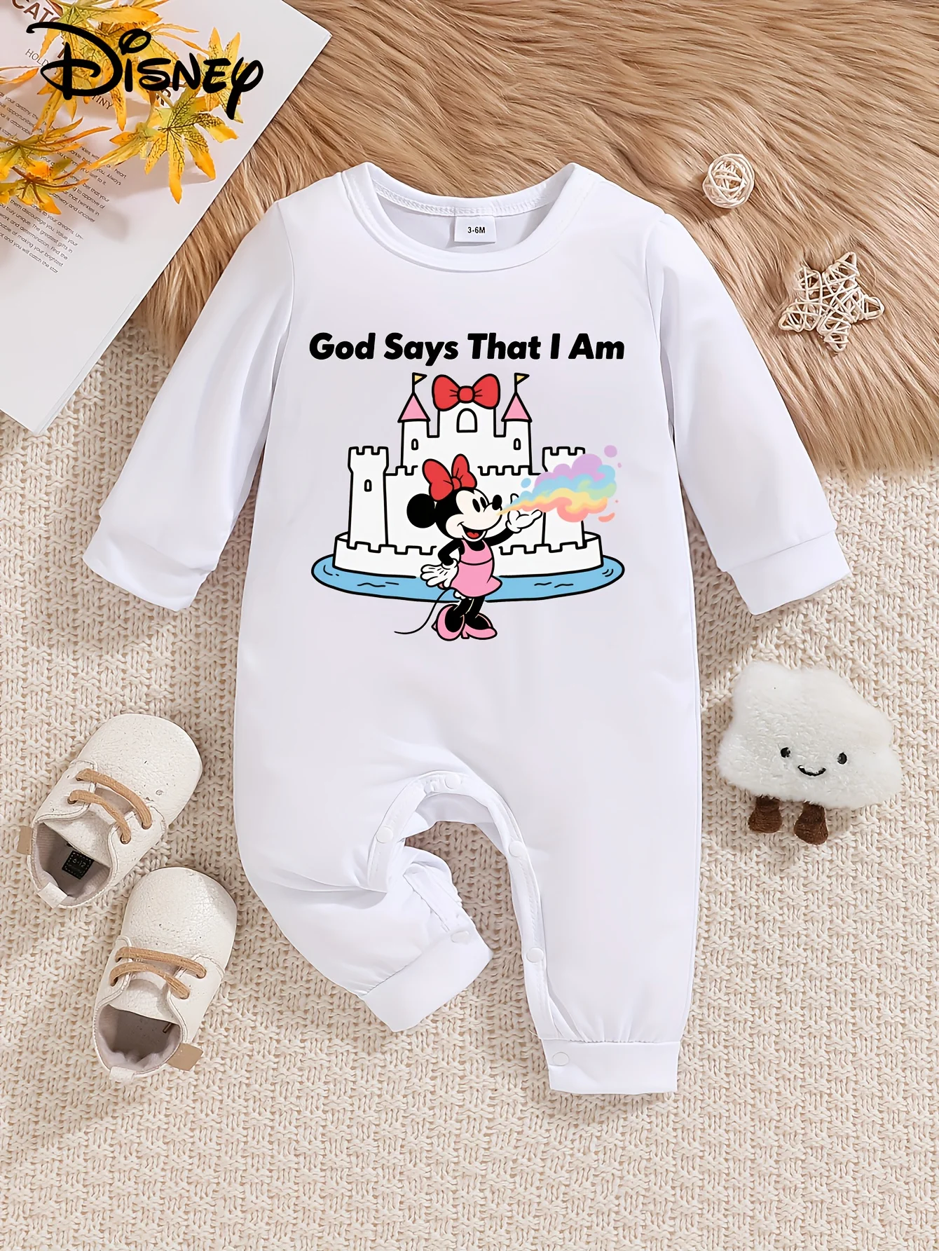 

【Осанторизованный】Детский комбинезон с длинными рукавами Disney Minnie Mouse, милый узор с принтом, круглый вырез, мягкий и удобный, можно стирать в машине, подходит для всех сезонов, подходит для улицы