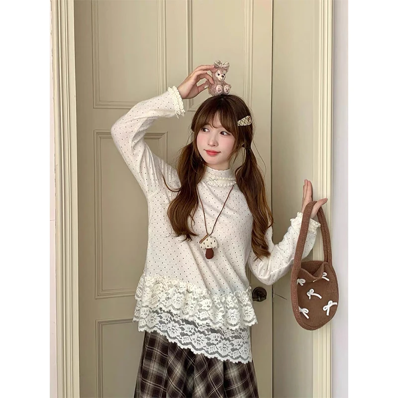 MEXZT Kawaii منقطة سترة المرأة Cutecore الدانتيل المرقعة محبوك البلوفرات الكورية نصف الياقة المدورة تريكو الشتاء لاعبا